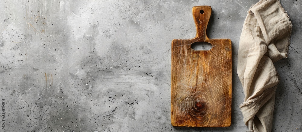 Poster Wooden cutting board on a gray concrete surface with light fabric napkin positioned on the right creating ample minimalist copy space for text
