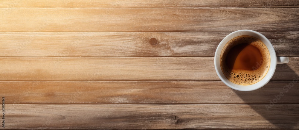 Poster top view of a white coffee cup with dark coffee on a light brown wooden table with sunlight and shad
