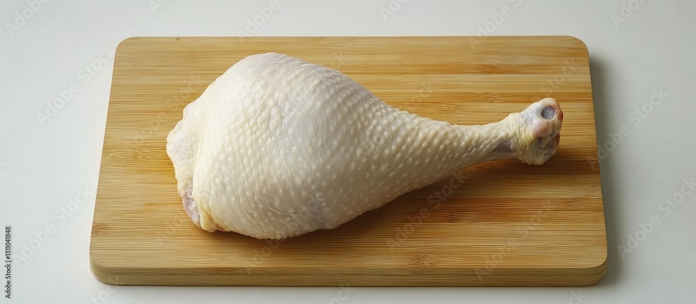 Poster raw white chicken leg displayed on a light wooden cutting board positioned centrally with a clean wh