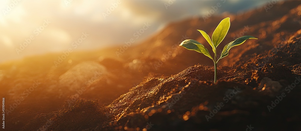 Poster green seedling emerging from rich dark soil illuminated by warm morning sunlight, creating a serene 