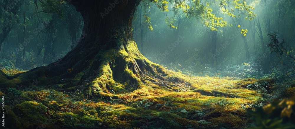 Aufkleber sunlight filters through lush green leaves illuminating intricate tree roots in a serene forest sett