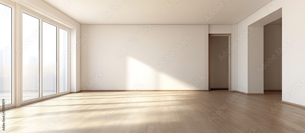 Poster bright and spacious unfurnished room with light wooden floor and large windows casting soft shadows 