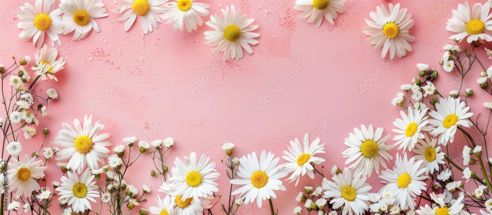 Poster delicate white daisies with yellow centers arranged on a soft pink background creating a whimsical a