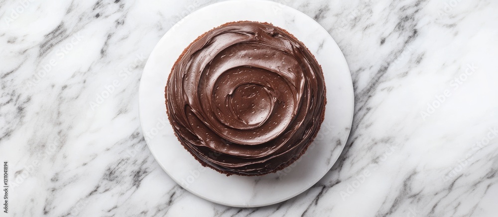 Poster chocolate frosted dessert cake viewed from above on a polished white marble surface highlighting its