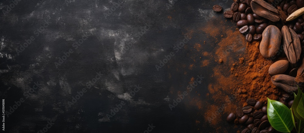Poster cacao beans and powder with a chocolate bar on a dark textured background displaying rich brown tone