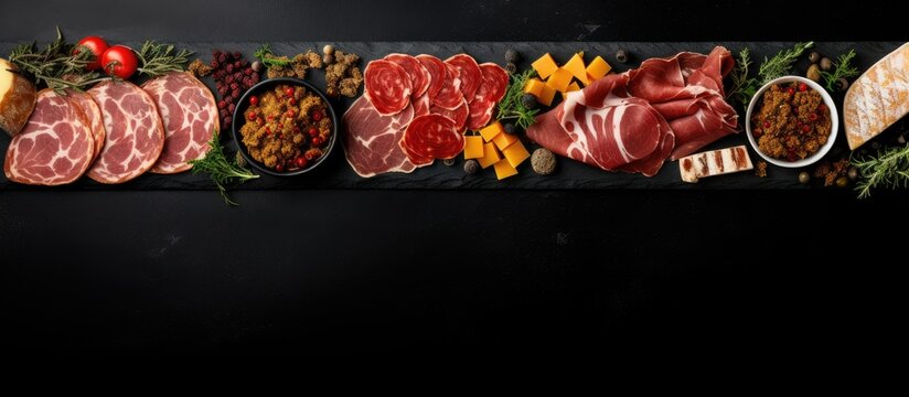Colorful Spanish snack platter featuring cured meats, cheese, and herbs set against a deep black background with ample space for text on the right.