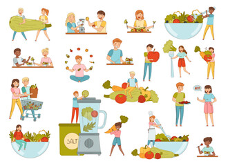 Fototapeta premium Vegetarian Life with People Character Cook Healthy Organic Raw Food Vector Set