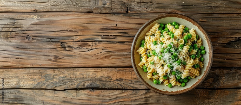 Aufkleber Pasta dish with green peas and cheese in a textured bowl on a rustic wooden table with ample negative space for text on the left side