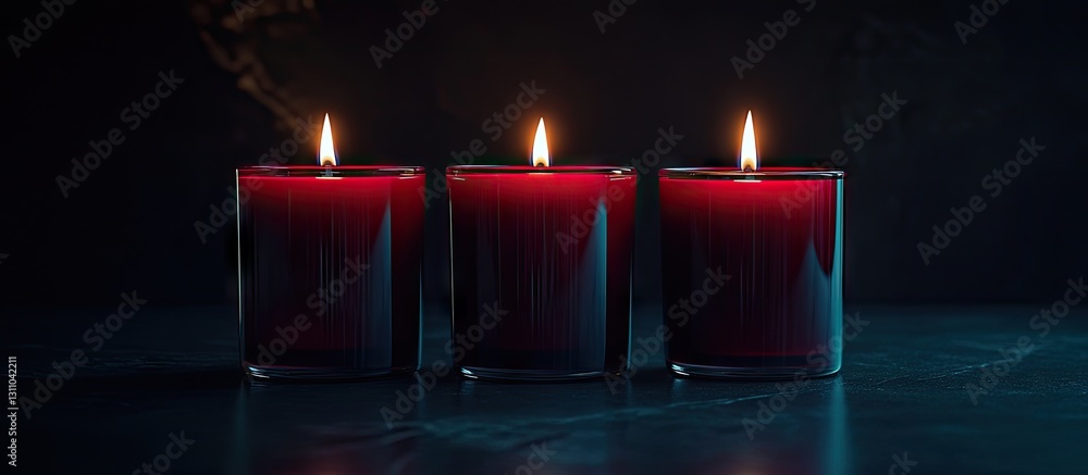 Poster three red candles in glass holders illuminating a dark background, positioned in a row, creating a w
