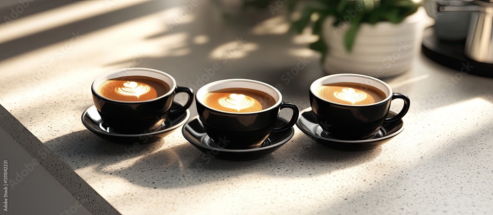 Poster three elegant black coffee cups arranged in a row on a light gray countertop, each with a heart-shap