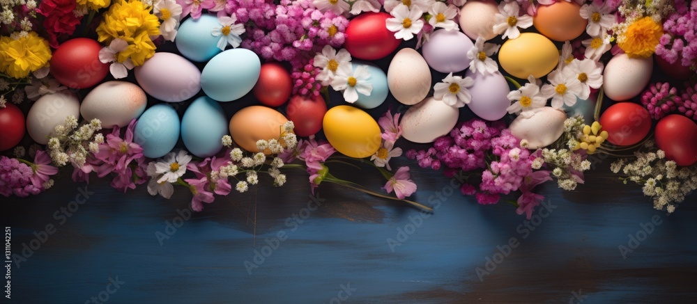 Poster easter eggs in various colors scattered among vibrant flowers and greenery on a rustic wooden backgr