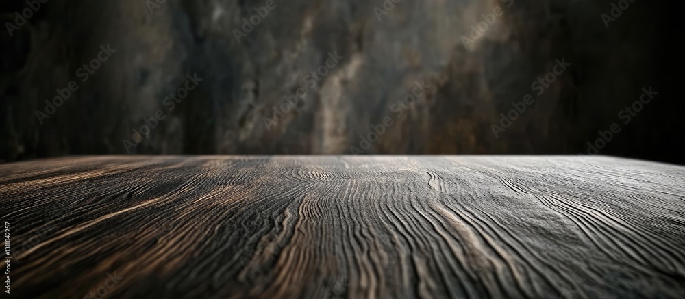 Leinwandbilder grainy wooden table surface with detailed texture in foreground; blurred dark stone wall backdrop cr