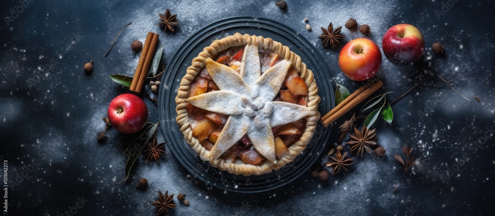 Poster apple pie with golden crust sits on a black plate surrounded by fresh red apples cinnamon sticks and
