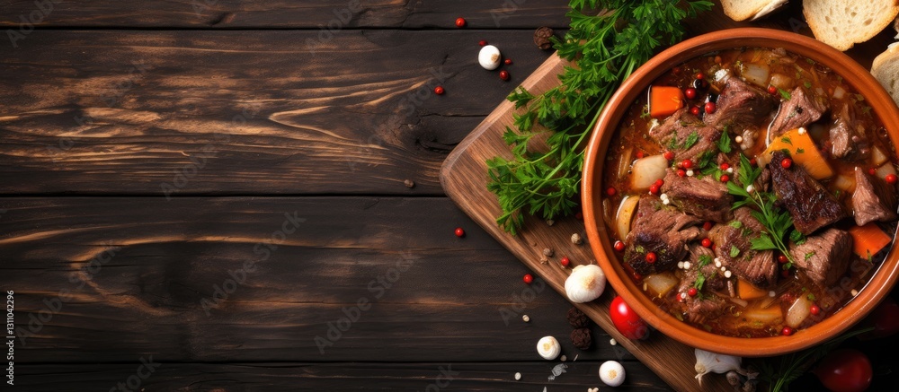 Poster rich beef stew with tender meat and colorful vegetables in a brown bowl on a rustic wooden table wit