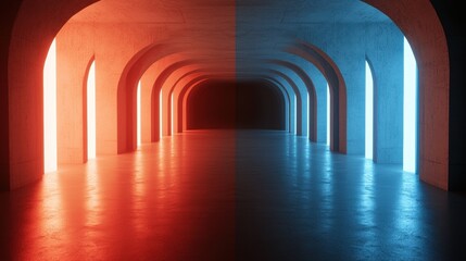 Obraz premium Futuristic Hallway with Colorful Neon Lights in Contrast