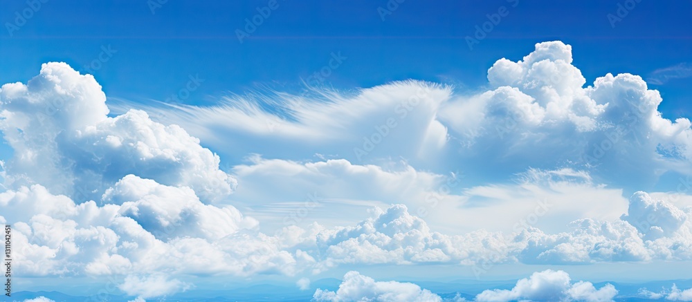 Poster vast blue sky with fluffy white clouds creating a serene copy space in the upper area, bright and cl
