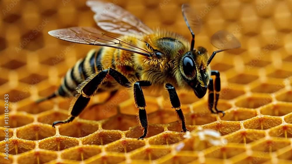 Poster detailed macro shot of a honeybee collecting nectar on a golden honeycomb with hexagonal pattern