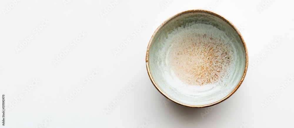 Poster ceramic bowl with light green and light brown patterns sits centered on a white backdrop offering a 