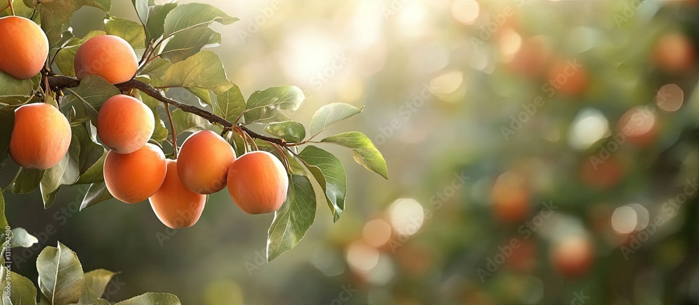 Poster ripe persimmons hanging from green branches with soft sunlight filtering through creating a warm gol