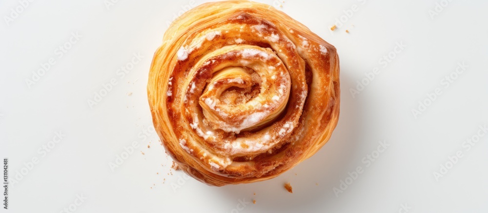 Poster top view of a golden brown cinnamon bun on a clean white surface with light reflections and ample co