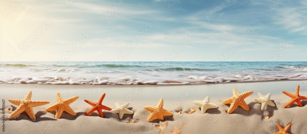 Aufkleber colorful starfish in various sizes in orange and beige scattered on sandy beach with serene blue oce