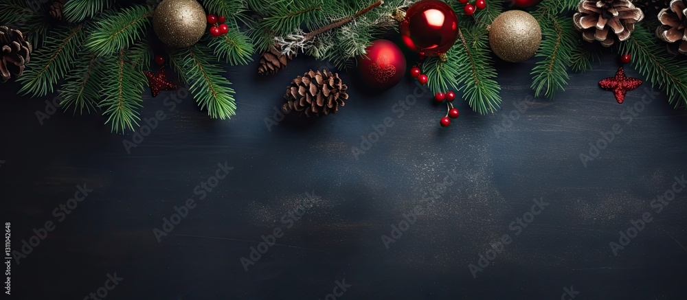 Poster Christmas themed flat lay featuring green fir branches red and gold ornaments pine cones on a dark background with ample copy space for text