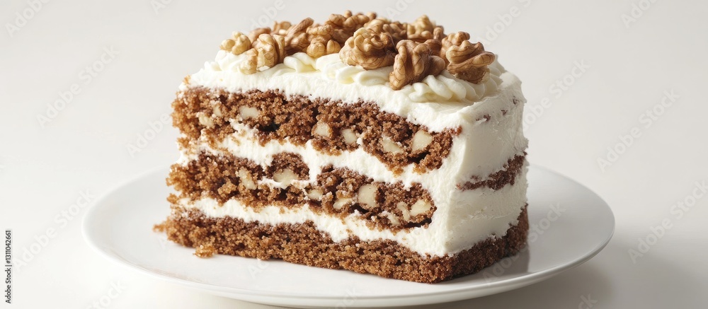 Poster slice of layered cake on a white plate featuring brown walnut pieces and creamy frosting against a n
