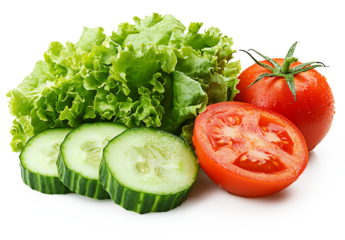 Isolated vegetables. Fresh cut tomato, cucumber and lettuce (salad ingredients) isolated on white and transparent background, generative AI PNG