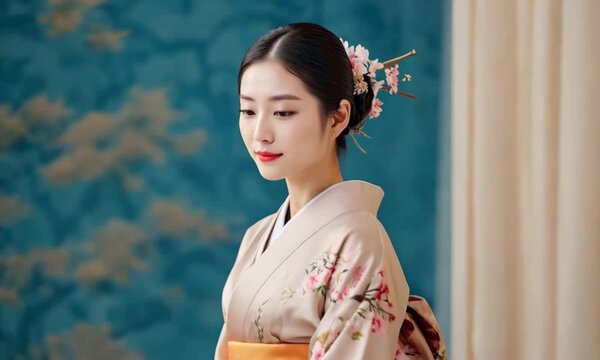 A woman in a floral kimono gently smiles while standing in front of a blue flower patterned backdrop with soft curtains on the side.