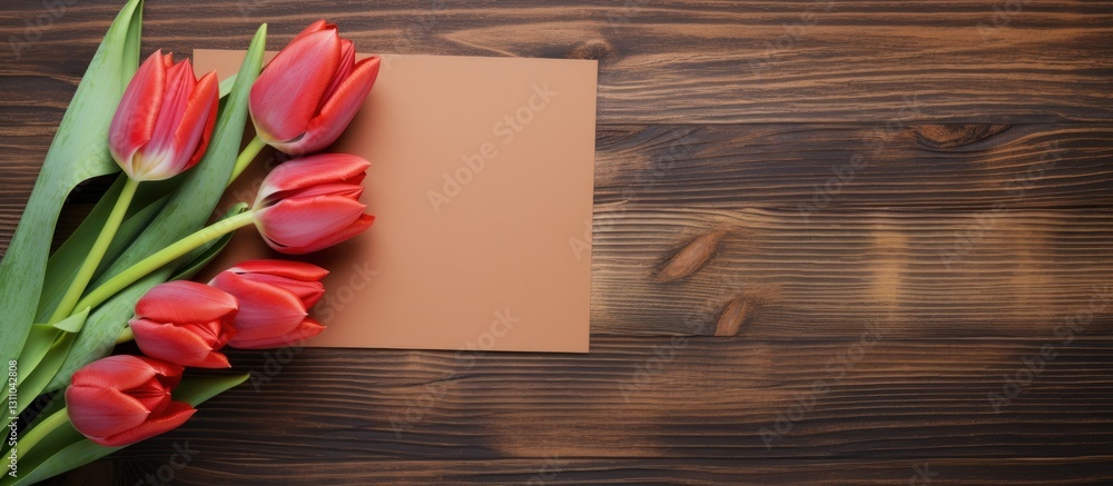 Aufkleber vibrant red tulips arranged on a rustic wooden surface beside a blank brown card creating a harmonio
