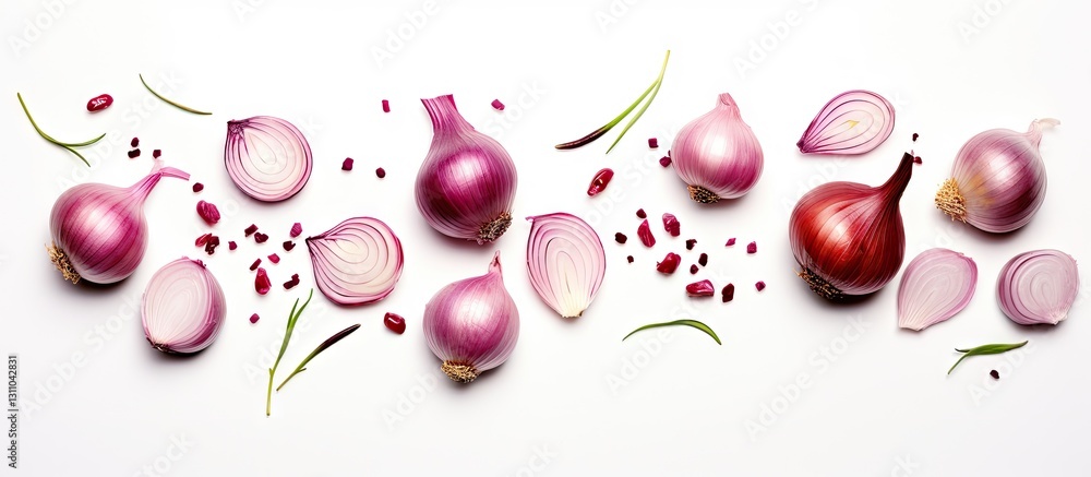 Poster top view of vibrant red onions and garlic scattered on a white background with rosemary and pepperco