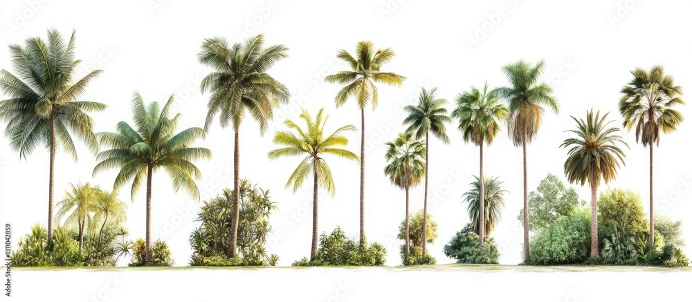 Aufkleber Diverse collection of large tropical trees in various shades of green arranged horizontally against a clean white background ideal for design use