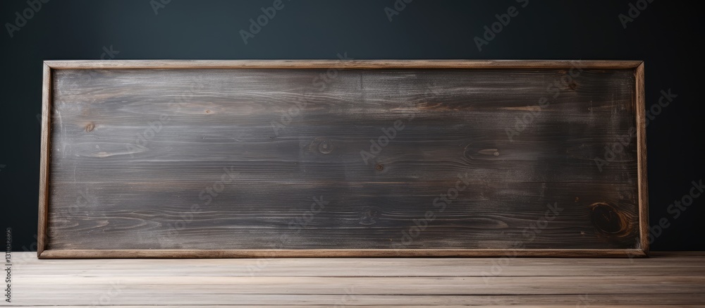 Poster blank wooden blackboard on a rustic wooden table against a dark background with ample copy space hig