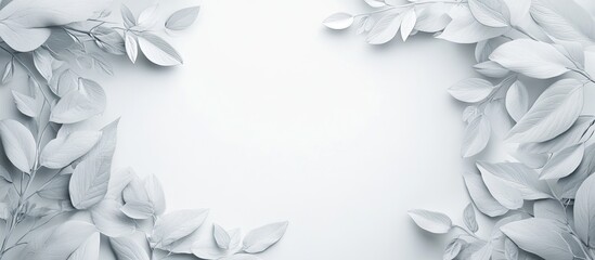 Elegant white leaf frame with soft gray shadows on a clean white background, featuring leaves positioned symmetrically along the edges.
