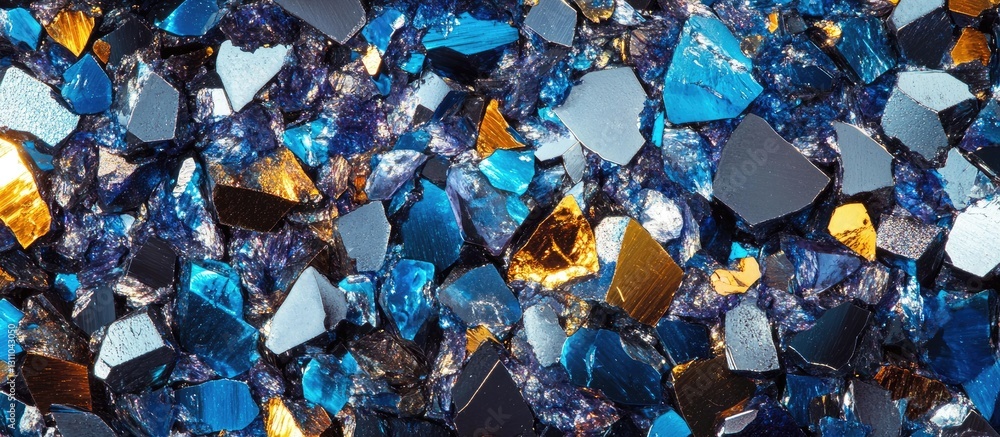 Leinwandbilder Vibrant blue and gold mineral texture with various angular crystal formations creating a rich abstract background of shimmering colors.