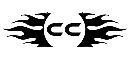 Naklejka premium Futuristic abstract Logo with Fiery Flame Motif and Geometric 'CC' Emblem, Black and White Artwork