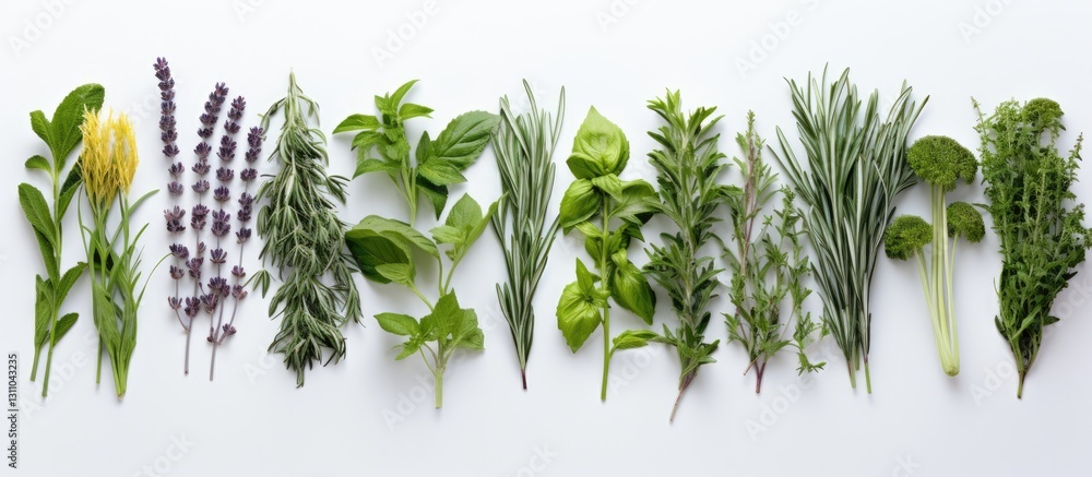 Aufkleber Fresh herbs assortment in vibrant green and purple colors arranged symmetrically on a white background creating ample copy space for text.