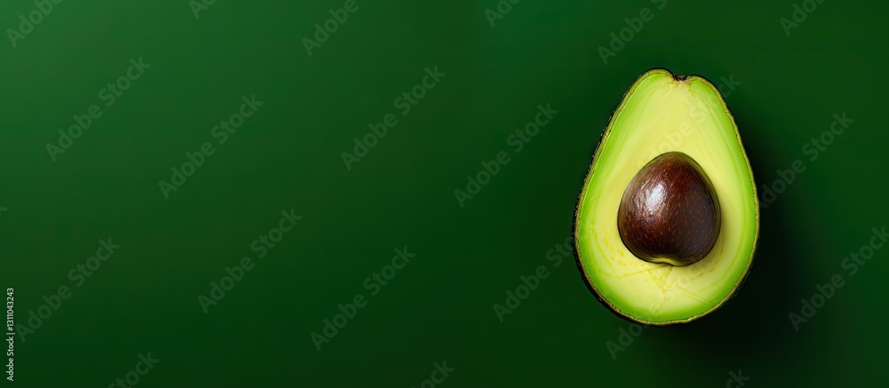 Poster Sliced avocado with a dark brown pit on a rich green background featuring ample copy space on the left side for design purposes.
