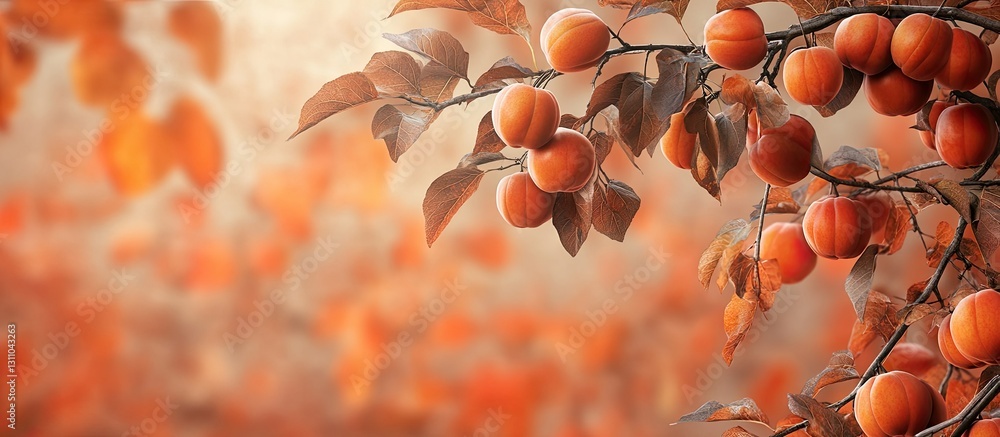 Poster ripe persimmons hang from branches with orange hues against a soft autumn background featuring blurr