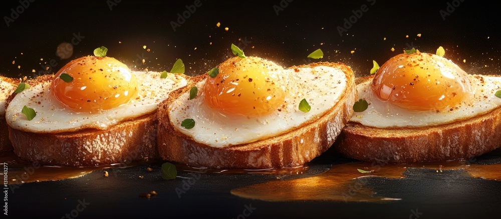 Poster golden toasted bread slices topped with perfectly fried eggs, garnished with green herbs on a dark b