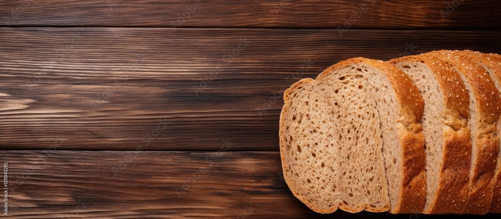Poster Sliced rye bread on a wooden cutting board positioned on the left with brown tones and ample copy space on the right for text integration.