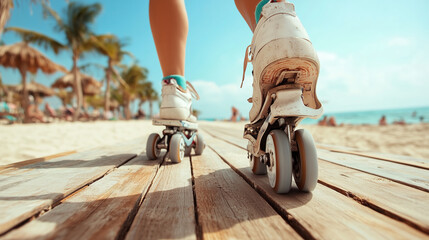 Woman rollerblading with happiness on wooden boardwalk along beach, feeling sun and breeze, fully enjoying outdoor activities