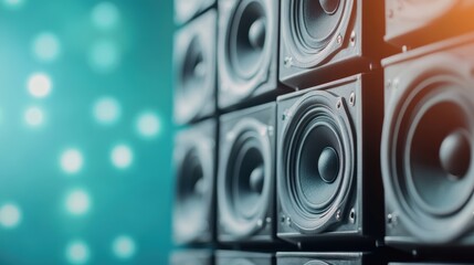 A close-up of stacked speakers against a colorful background, creating a vibrant atmosphere ideal for music and entertainment settings.