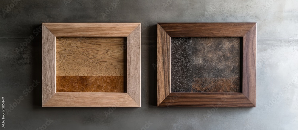 Poster wooden picture frames display contrasting light and dark tones against a textured gray background sh