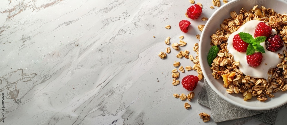 Poster granola bowl with yogurt and raspberries on a grey marble tabletop with fresh mint leaves top left l