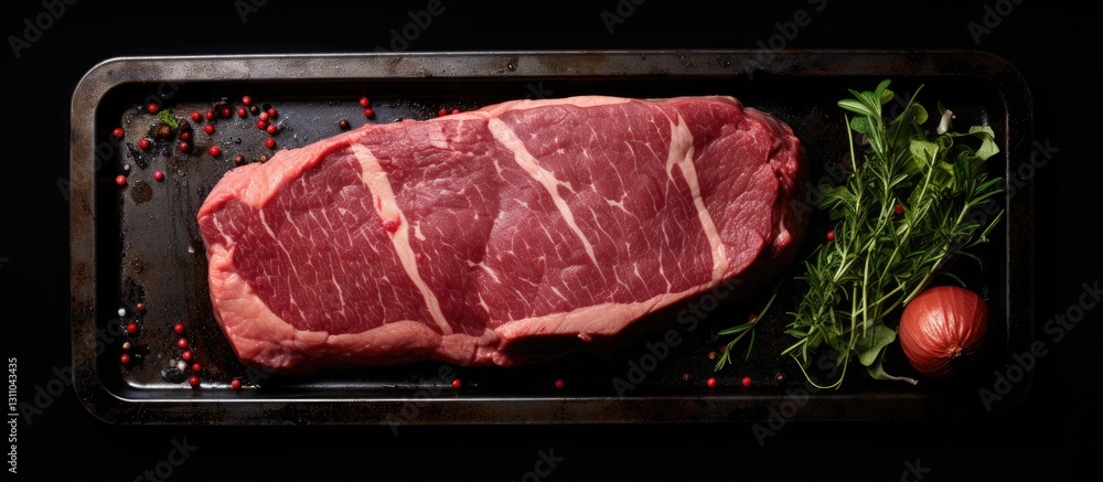 Aufkleber top view of a raw silverside sirloin beef steak surrounded by fresh herbs and a red tomato on a blac