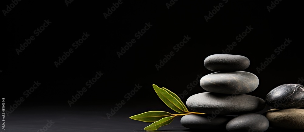 Poster Zen stones stacked on the right side against a solid black background, with ample empty space for text on the left, creating a serene atmosphere.