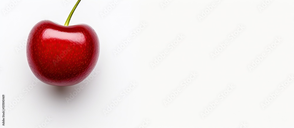 Poster Isolated red cherry on a white background positioned to the left creating ample copy space with a smooth and clean minimalist aesthetic.