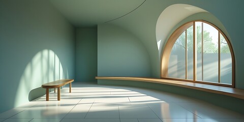 Obraz premium Minimalist interior with soft green curved walls, a wooden floating bench, and an arched window allowing natural sunlight to cast elegant shadows, creating a tranquil and modern atmosphere.