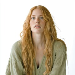Naklejka premium Person with pale ivory skin, long golden-blonde hair in a flowing green linen tunic, loose waves, freckles, matte finish, full view, isolated on white background - Generative AI